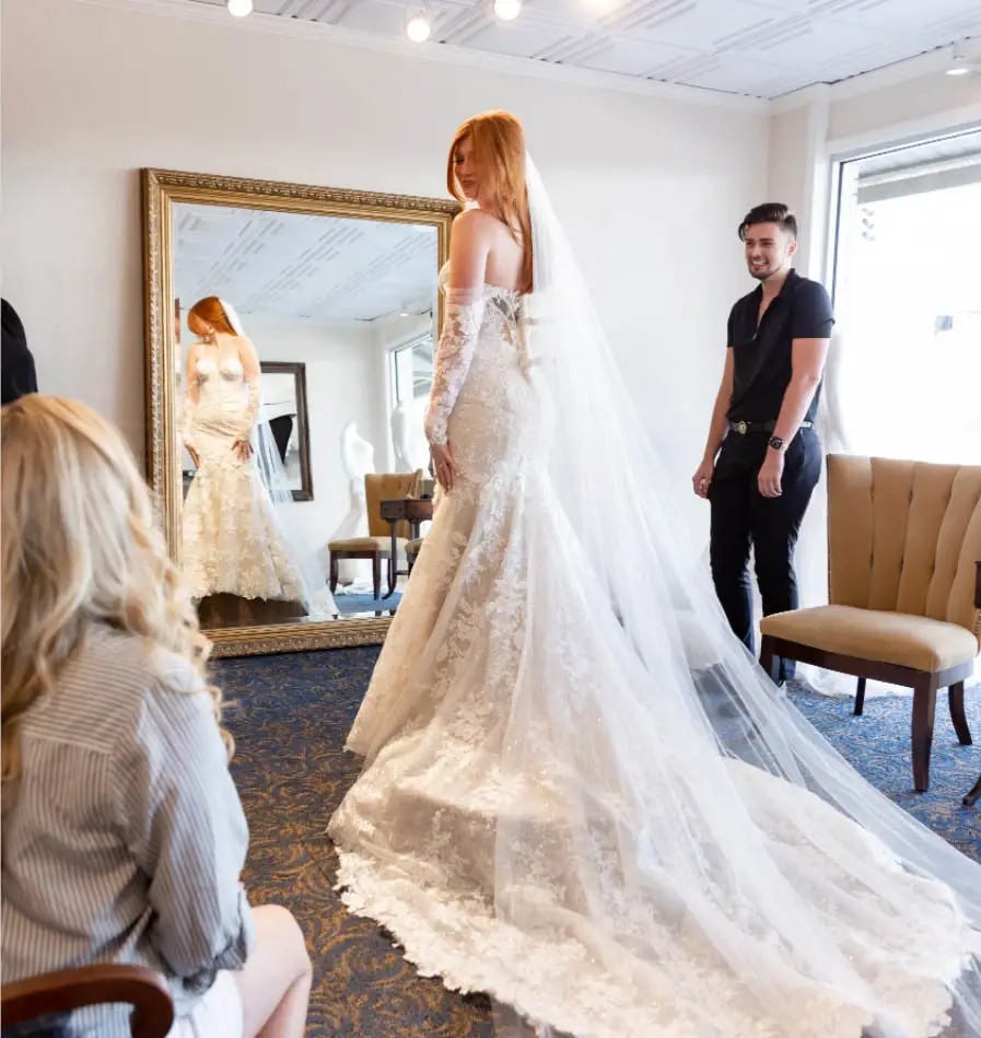 Model wearing a white gown